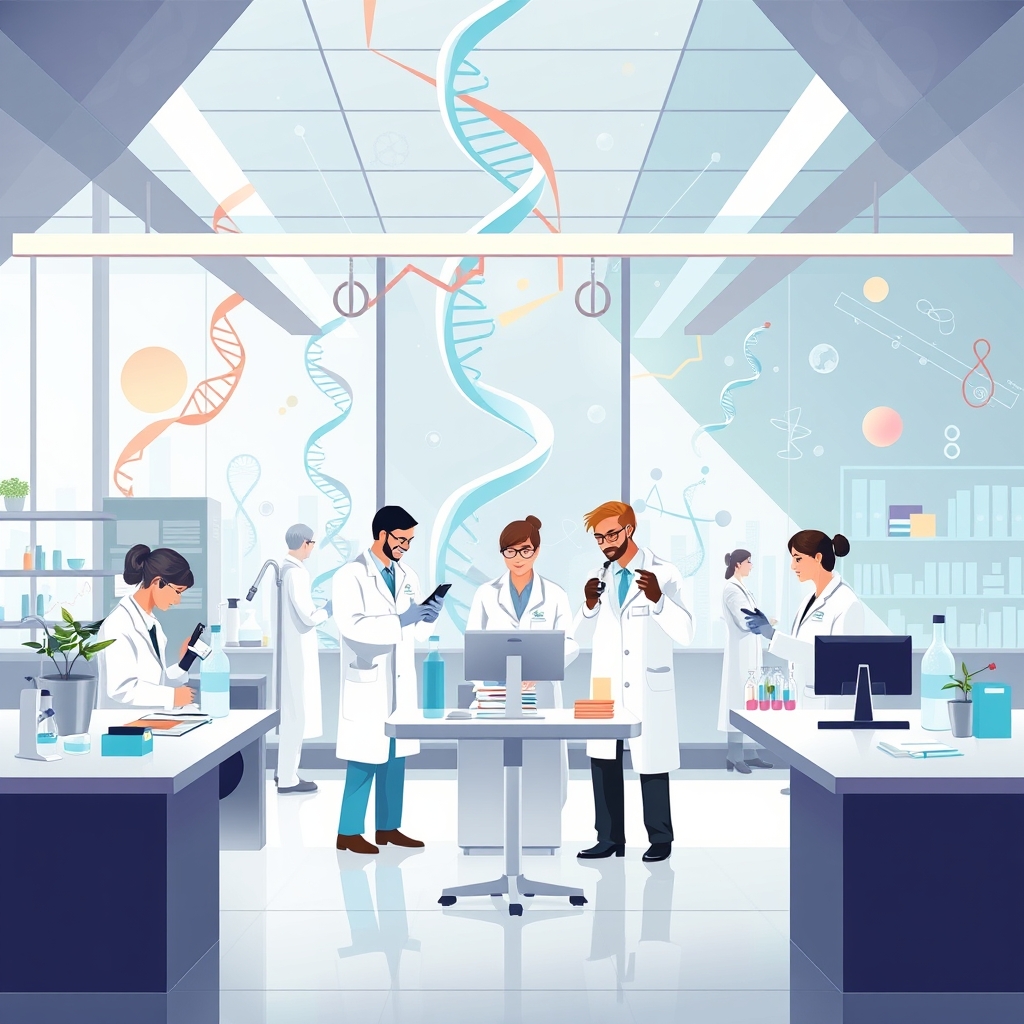 An illustration depicting a biotech laboratory with scientists working on research, surrounded by DNA strands and molecular structures, symbolizing innovation in the biotech sector amidst a challenging IPO market.