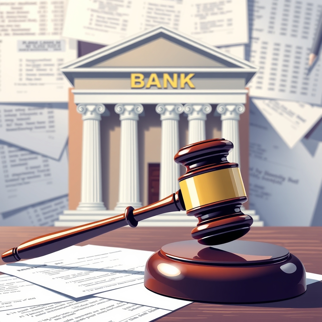 An illustration depicting a gavel and a bank building, symbolizing legal enforcement actions in the financial sector.
