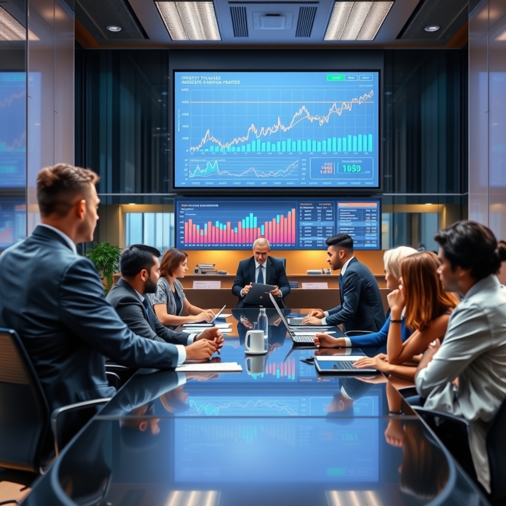 An illustration depicting a modern financial institution's boardroom with diverse professionals discussing monetary policy. A large screen displays graphs and charts related to interest rates and economic indicators.