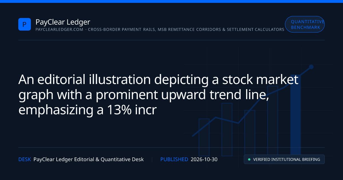 A stock market graph showing a significant upward trend, with a highlighted section indicating a 13% increase in Norwegian shares. The background features abstract financial symbols and charts.