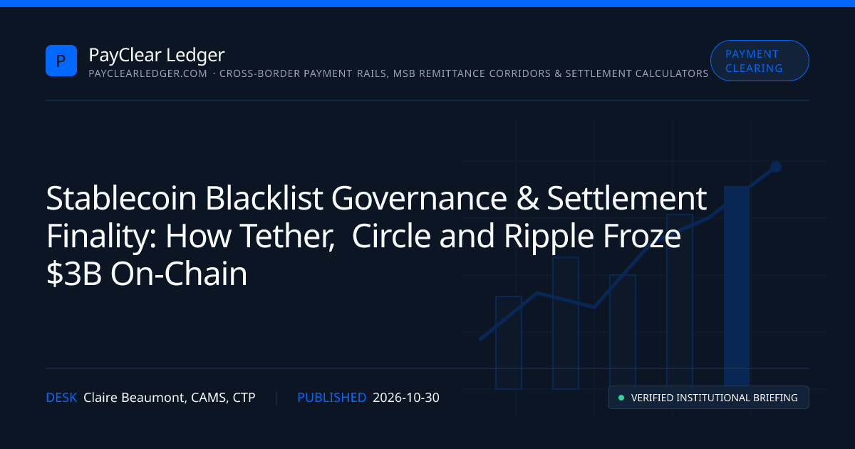 Stablecoin Blacklist Governance & Settlement Finality: How Tether, Circle and Ripple Froze $3B On-Chain — PayClear Ledger institutional chart and forensic breakdown